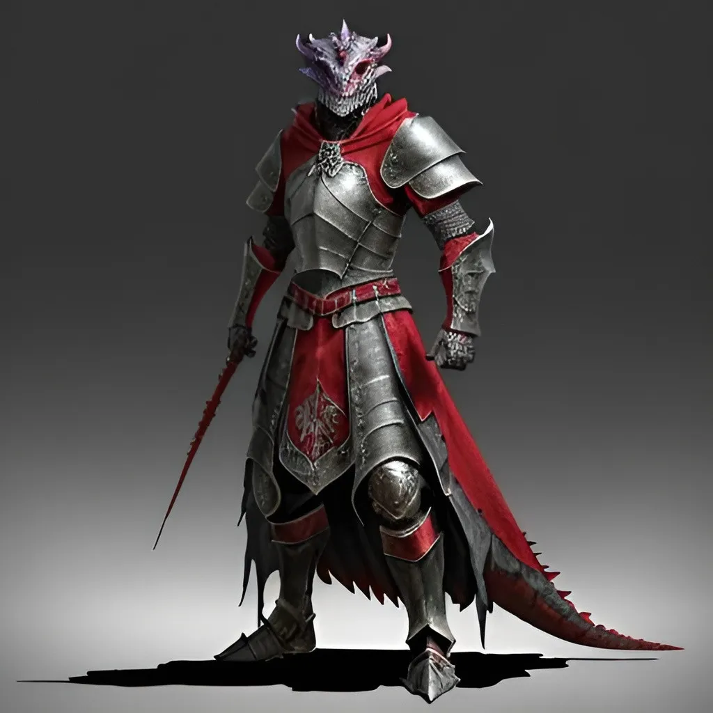 Prompt: medieval armor dragonborn warlock red full body