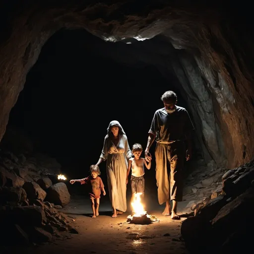 Prompt: I man leads his wife and child by torch light through a dark cave. They are clothed in rags. Bare footed. holding hand.