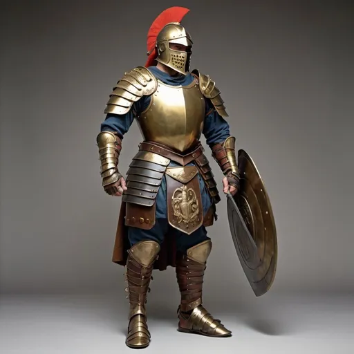 Prompt: armor of brass. a helmet toped with horse hair crest. a braided leather skirt.
brass greaves on the fore arm and shins. leather sanded feet. heavily muscled body  and a farrowed brow.