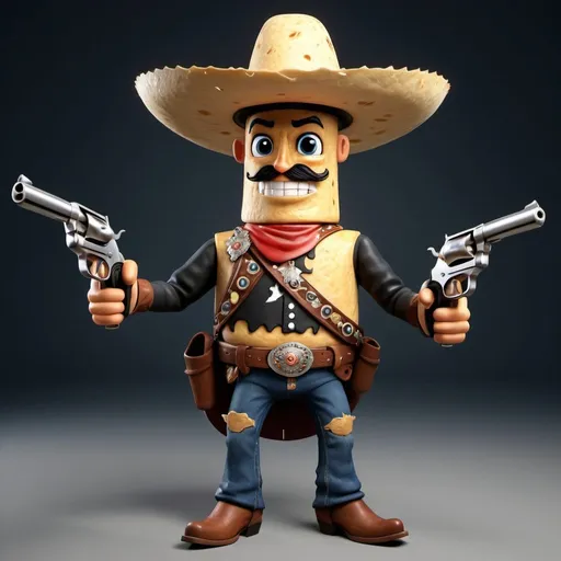 Prompt: A tortilla cowboy wearing a gun belt with two revolver's and sombrero hat and cowboy boos with spurs.