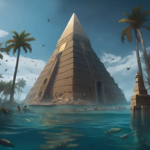 Prompt: the ruins of a city beneath the waves. it streets, temples and public spaces still intact. the creatures of the deep move through it as its people once did. in the city center stood a statue of the principal god of the people who once inhabited this place.
 in the distance, beneath the waves lay a great step pyramid, its peak just breaking the surfaces in the depth the base was gilded in gold.
