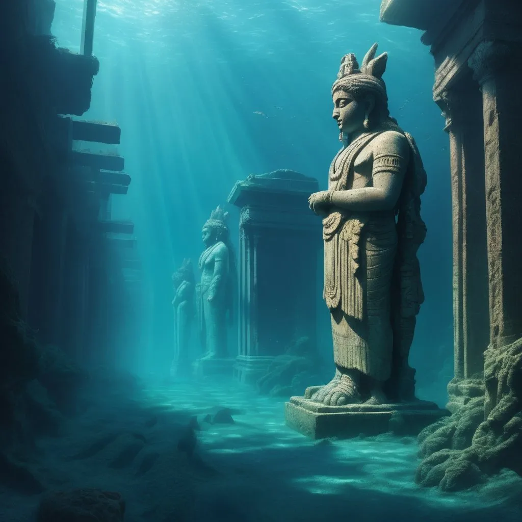 Prompt: the ruins of a city beneath the waves. it streets, temples and public spaces still intact. the creatures of the deep move through it as its people once did. in the city center stood a statue of the principal god of the people who once inhabited this place.
