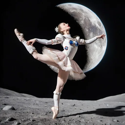 Prompt: a Russian ballerina dancing on the moon in a space suit.

