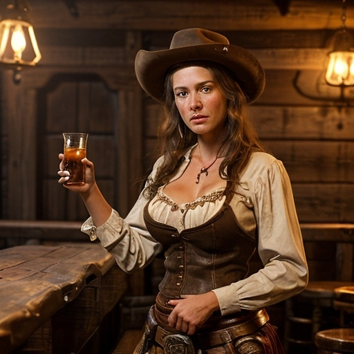 Prompt: Tall young woman standing in western saloon serving drunken cattleman whiskey while cattleman talks