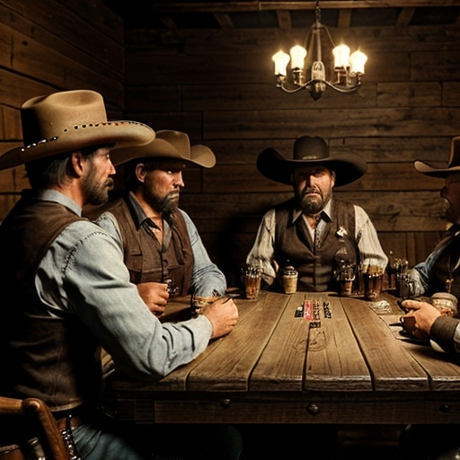 Prompt: Western outlaws sitting in smokey saloon playing cards with whiskey and cards on table. Dim background lighting, bright light on table and outlaws