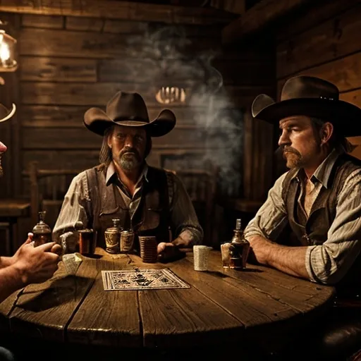 Prompt: Western outlaws sitting in smokey saloon playing cards with whiskey and cards on table. Dim background lighting, bright light on table and outlaws