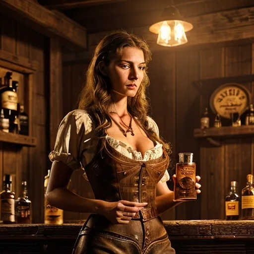 Prompt: Tall young woman standing in western saloon serving drunken cattleman whiskey while cattleman talks