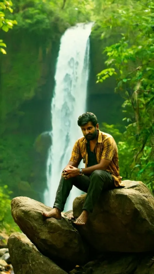 Prompt: a man sitting on a rock in the woods with a waterfall in the background and a forest of trees, Bholekar Srihari, naturalism, nature, a picture