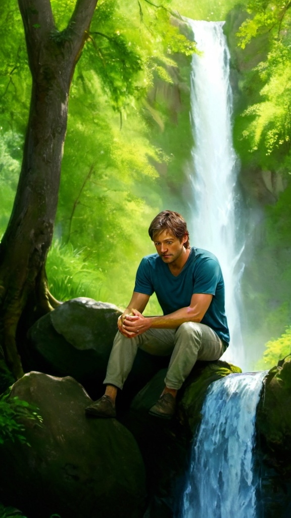 Prompt: a man sitting on a rock in the woods with a waterfall in the background and a forest of trees, Bholekar Srihari, naturalism, nature, a picture