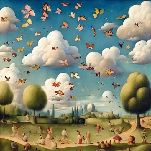 Prompt: Scenic painting in style of Bosch of birds flying high, in the summer sun, with a few soft clouds, distant trees, grass, children play, picnics, dogs, and butterflies.