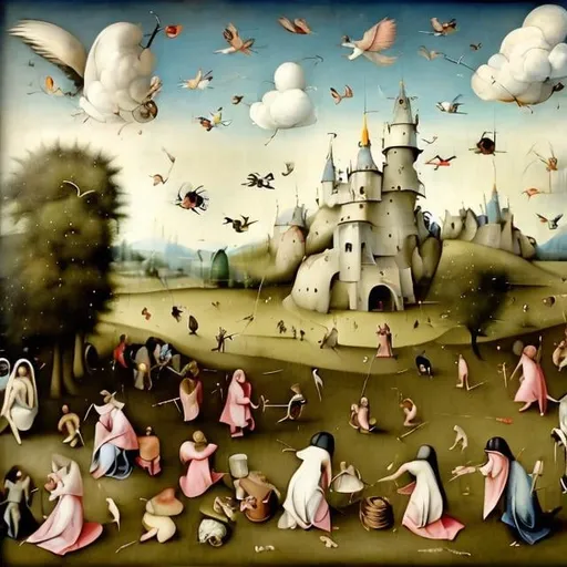 Prompt: Scenic painting in style of Hieronymus Bosch of birds flying high, in the summer sun, with a few soft clouds, distant trees, grass, children play, picnics, dogs, and butterflies.