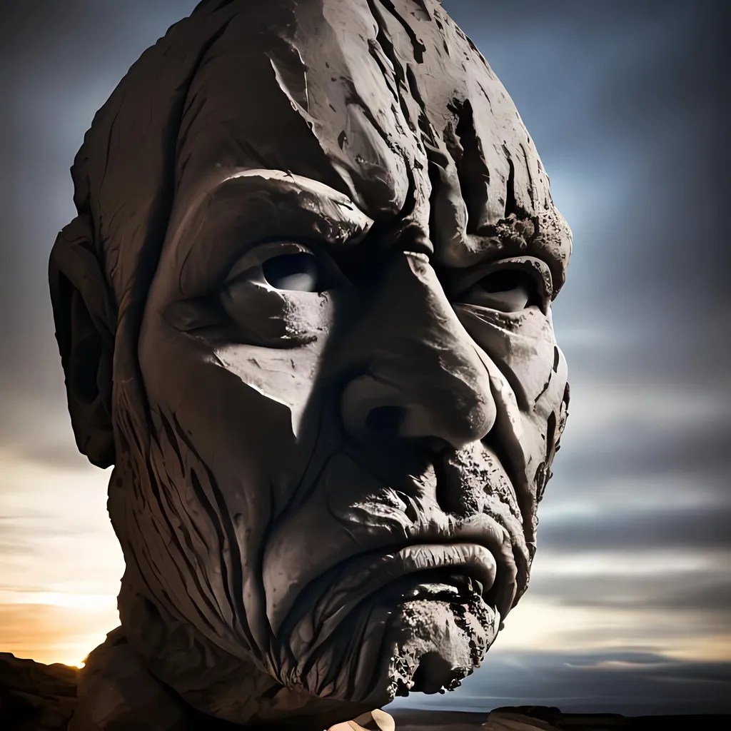 Prompt: An stone sculpture of a human head slightly distorted from melting. the head is looking into the distance toward the left.
the head is obscure and mysterious looking. Looks like it is made from stone sculpture. black background. cinematic lighting. furrowed brow. wretched face. mysterious. could be a monster. imperfect face. cracked. broken. aged. weathered. make this an entire man full body. living stone.