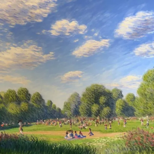 Prompt: Scenic painting in style of monet of birds flying high, in the summer sun, with a few soft clouds, distant trees, grass, children play, picnics, dogs, and butterflies.