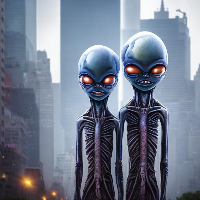Prompt: two headed aliens with eight arms attack ny city. 