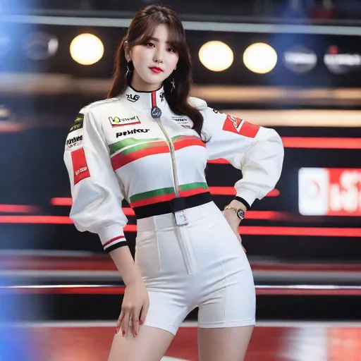 Prompt: eunha,  slim thick, thighs, uhd, realistic, 4k, 8k,  photoshoot, dressed in f1 attire