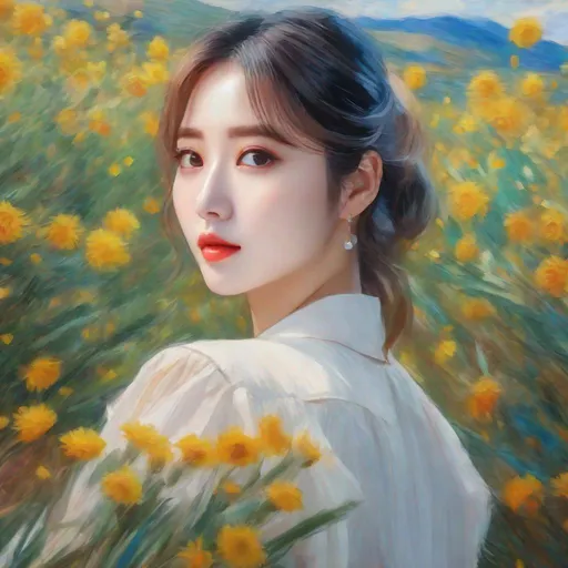 Prompt: Chaehyun painted in a van gogh art style, post-impressionism, impressionism, surrealism, naturalism, uhd, realistic, 4k, 8k