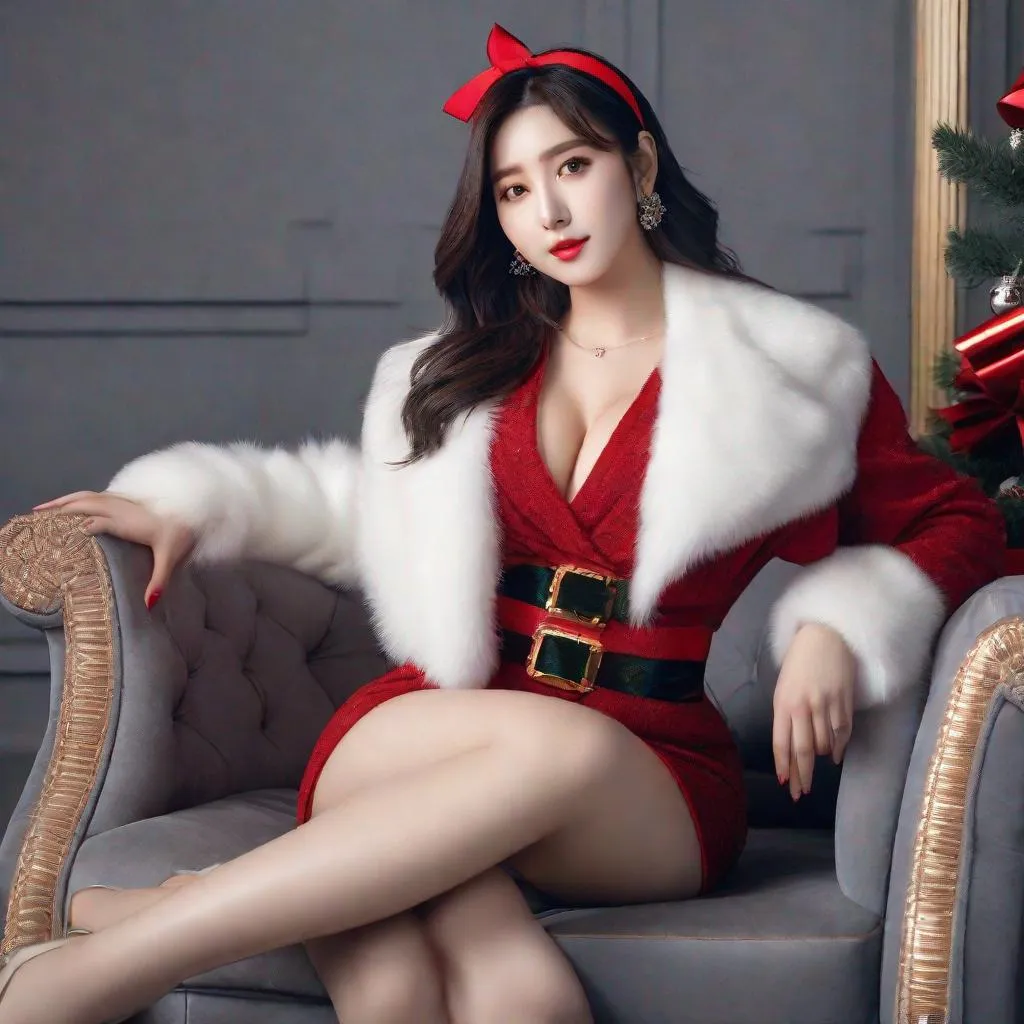 Prompt: eunha,  slim thick, thighs, uhd, realistic, 4k, 8k,  photoshoot, sensual, big chest, christmas outfit,   kpop