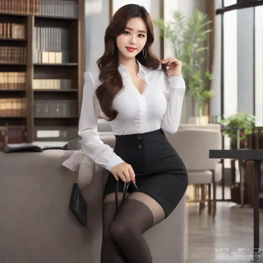 Prompt: Korean woman aged 23, ulzzang, stockings, big chest, slim thick, dolphin pants, sophisticated, lawyer, doctor, rich, classy, blouse, gravure, uhd, realistic, 4k, 8k, full body, ripe