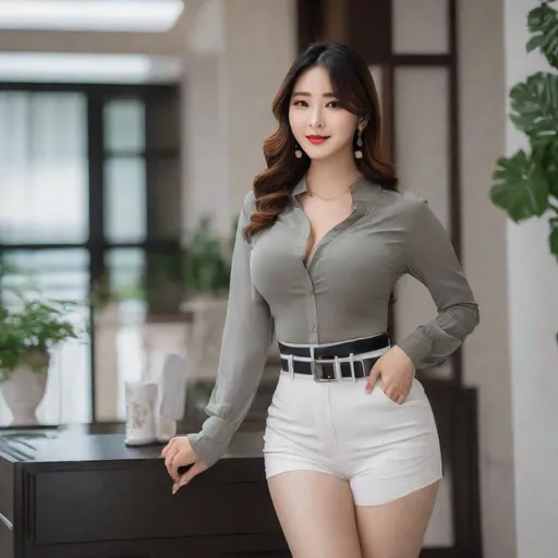 Prompt: Korean woman, ulzzang, stockings, big chest, slim thick, dolphin pants, sophisticated, lawyer, doctor, rich, classy, blouse, gravure, uhd, realistic, 4k, 8k, full body, photoshoot, tight shorts, tight pants, crop top, fit