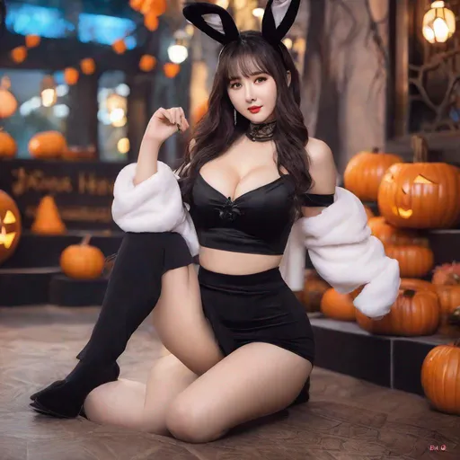 Prompt: eunha,  slim thick, thighs, uhd, realistic, 4k, 8k,  photoshoot, sensual, big chest, halloween outfit,  bunny outfit