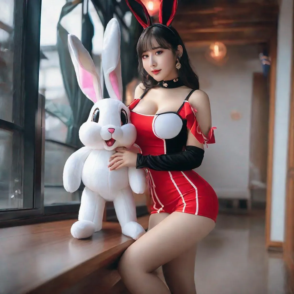 Prompt: eunha,  slim thick, thighs, uhd, realistic, 4k, 8k,  photoshoot, sensual, big chest, halloween outfit,  bunny outfit