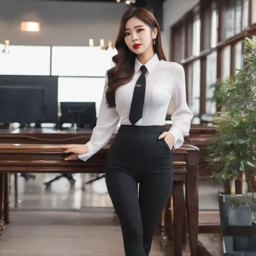 Prompt: Korean woman aged 23, ulzzang, stockings, big chest, slim thick, dolphin pants, sophisticated, lawyer, doctor, rich, classy, blouse, gravure, uhd, realistic, 4k, 8k, full body, 