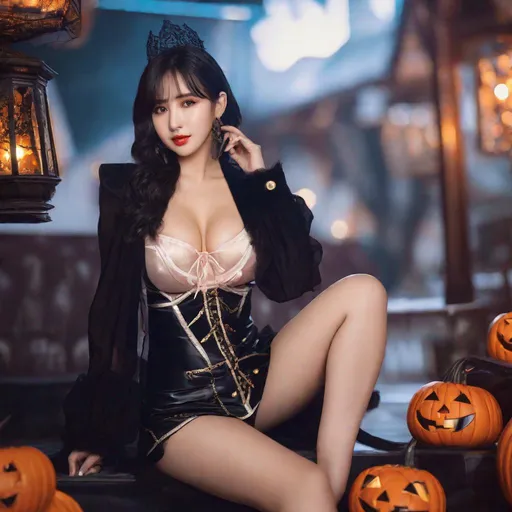 Prompt: eunha,  slim thick, thighs, uhd, realistic, 4k, 8k,  photoshoot, sensual, big chest, halloween outfit