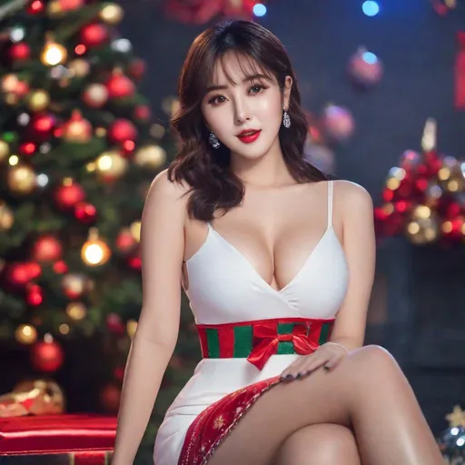 Prompt: eunha,  slim thick, thighs, uhd, realistic, 4k, 8k,  photoshoot, sensual, big chest, christmas outfit,   kpop