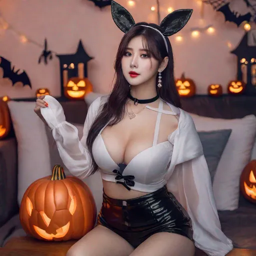 Prompt: eunha,  slim thick, thighs, uhd, realistic, 4k, 8k,  photoshoot, sensual, big chest, halloween outfit,  bunny outfit