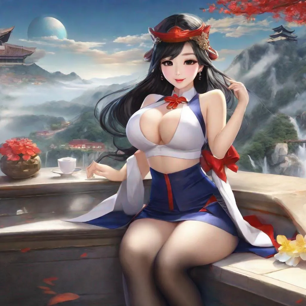 Prompt: Humble, Beautiful, Asian Queen,  Korean Woman, Big Chest, Stockings, scenic, dr eggman, 