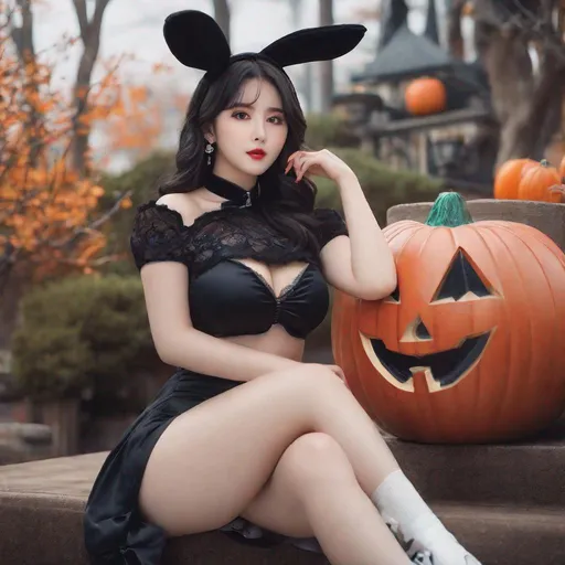 Prompt: eunha,  slim thick, thighs, uhd, realistic, 4k, 8k,  photoshoot, sensual, big chest, halloween outfit,  bunny outfit