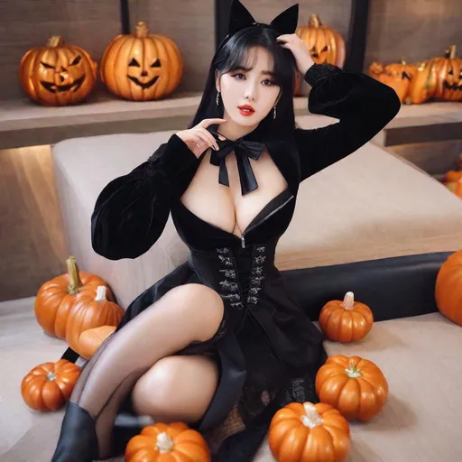 Prompt: eunha,  slim thick, thighs, uhd, realistic, 4k, 8k,  photoshoot, sensual, big chest, halloween outfit,   kpop