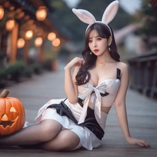 Prompt: eunha,  slim thick, thighs, uhd, realistic, 4k, 8k,  photoshoot, sensual, big chest, halloween outfit,  bunny outfit
