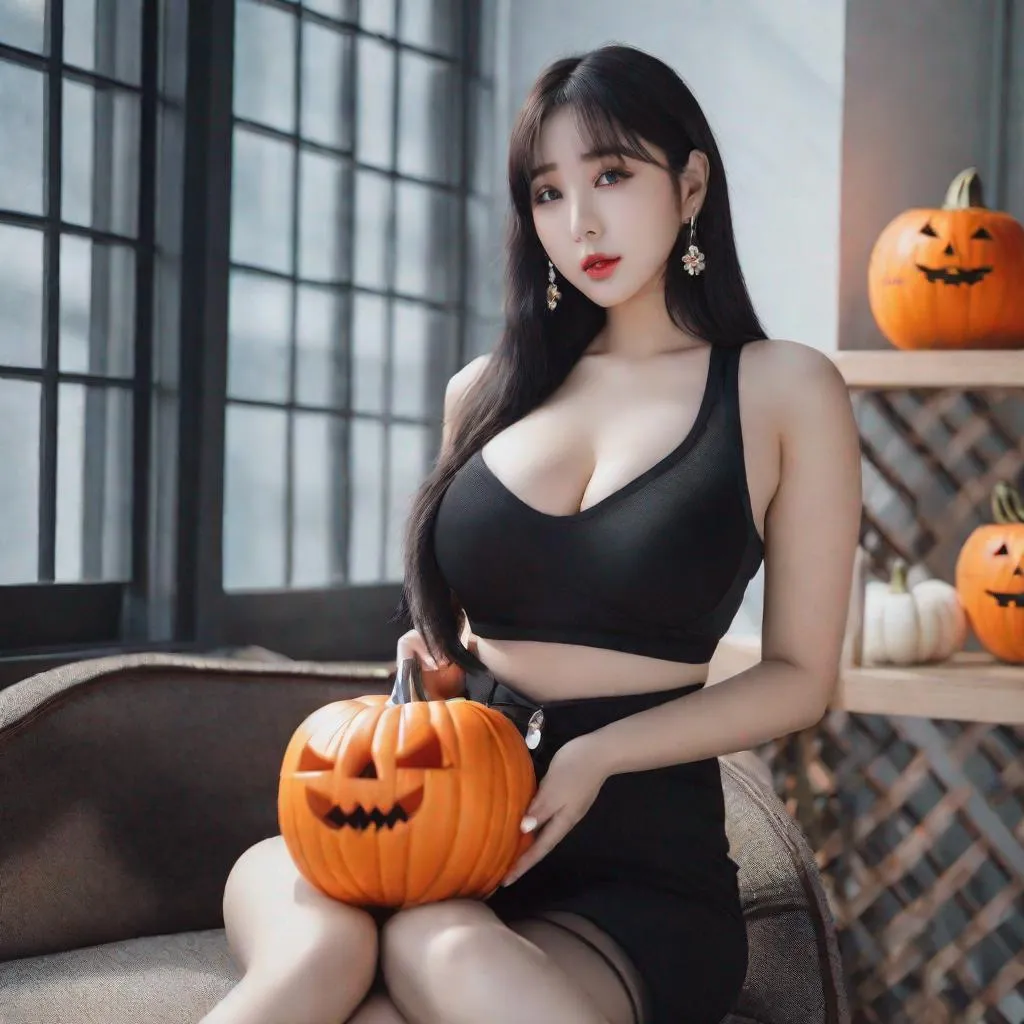 Prompt: Masterpiece, eunha, ulzzang, slim thick, big chest, soft visuals, uhd, realistic, 4k, 8k, photoshoot, extremely high definition, perfection, f cup, Calvin klein, halloween outfit