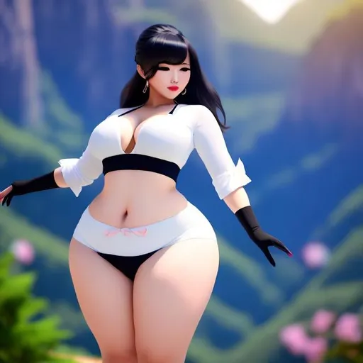 Prompt: Humble, Beautiful, Asian Queen,  Korean Woman, Big Chest, Stockings, scenic, dr eggman, big rump, curvy