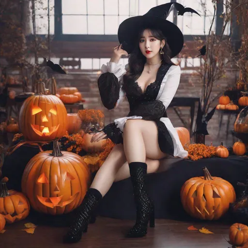 Prompt: eunha,  slim thick, thighs, uhd, realistic, 4k, 8k,  photoshoot, sensual, big chest, halloween outfit