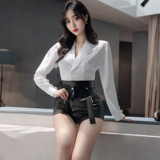 Prompt: eunha,  slim thick, thighs, uhd, realistic, 4k, 8k,  photoshoot, sensual, psychopath with knife