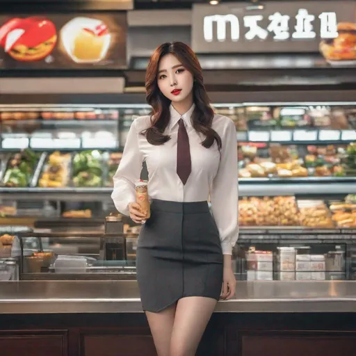 Prompt: Korean woman aged 23, ulzzang, stockings, big chest, slim thick, dolphin pants, sophisticated, lawyer, doctor, rich, classy, blouse, gravure, uhd, realistic, 4k, 8k, full body, ripe. mcdonald's type ad, 
mdonald's eater