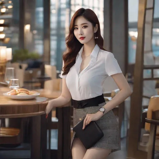 Prompt: Korean woman aged 23, ulzzang, stockings, big chest, slim thick, dolphin pants, sophisticated, lawyer, doctor, rich, classy, blouse, gravure, uhd, realistic, 4k, 8k, full body, ripe. mcdonald's type ad,