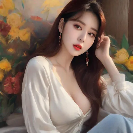 Prompt: Humble, Masterpiece, Kang Mina type face, Kang Mina type body, 20 year old milf, from his pov,  ulzzang, realistic kpop idol,  dark burgundy hair, beautiful woman, big chest, B cup, uhd, realistic, 4k, 8k, photoshoot, extremely high definition, perfection, Van gogh type painting,  cat girl, dog girl, fox girl, playboy, scenic, portrait, insanity, breathtaking, iridescent, complex, impressive, remarkable, glorious, grandiose, sumptuous, luxurious, 