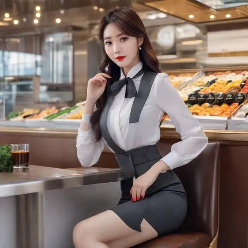 Prompt: Korean woman aged 23, ulzzang, stockings, big chest, slim thick, dolphin pants, sophisticated, lawyer, doctor, rich, classy, blouse, gravure, uhd, realistic, 4k, 8k, full body, ripe. mcdonald's type ad, 
mdonald's eater