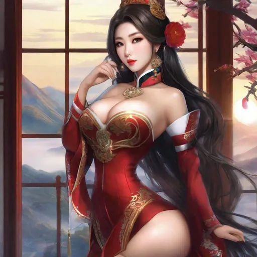Prompt: Humble, Beautiful, Asian Queen,  Korean Woman, Big Chest, Stockings, scenic, dr eggman, 
