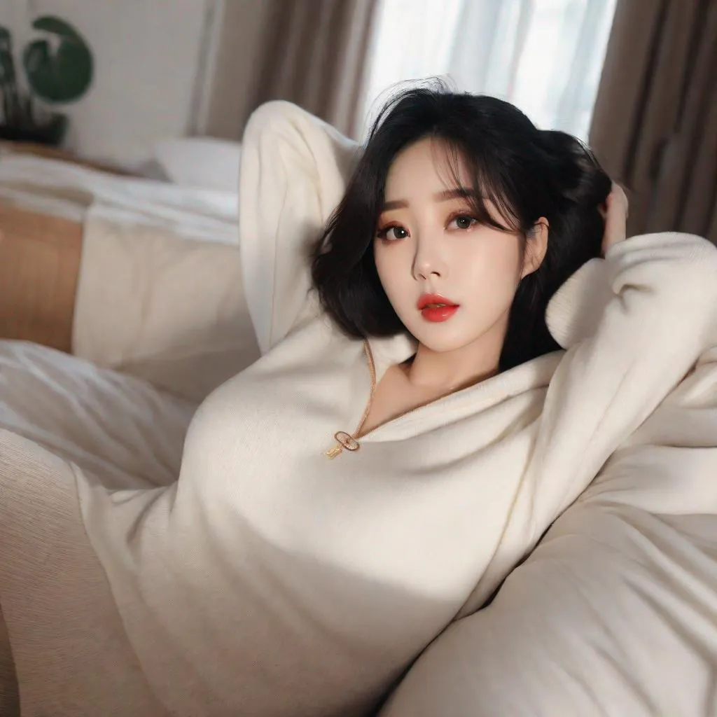 Prompt: Masterpiece, eunha, ulzzang, slim thick, big chest, soft visuals, uhd, realistic, 4k, 8k, photoshoot, extremely high definition, perfection, f cup, Calvin klein,  laying in bed, virgin killer sweater