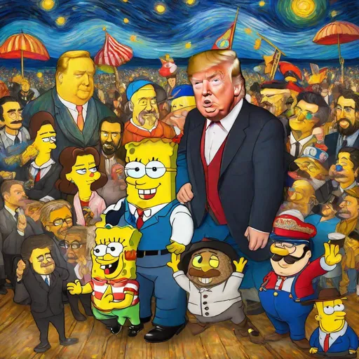 Prompt: eunha, van gogh style painting, spongebob, clowncore, peter griffin, theo von, corecore, shane gillis, louis ck, tucker carlson, joe biden, donald trump, kevin hart