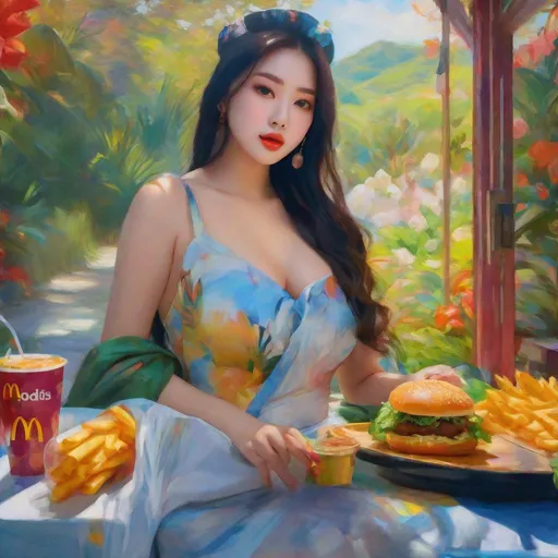 Prompt: My prompt> Masterpiece, realistic kpop idol, beautiful woman, big chest, f cup,  curvy, thick, juicy, doja cat type girl, mcdonalds eater uhd, realistic, 4k, 8k, photoshoot, extremely high definition, perfection, Paul Gauguin type painting, scenic, portrait, insanity, breathtaking, iridescent, complex, impressive, remarkable, glorious, grandiose, sumptuous, luxurious, 