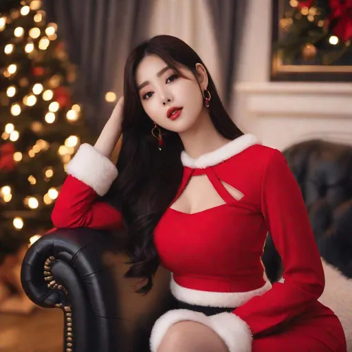 Prompt: Masterpiece, eunha, ulzzang, slim thick, big chest, soft visuals, uhd, realistic, 4k, 8k, photoshoot, extremely high definition, perfection, f cup, Calvin klein, christmas outfit