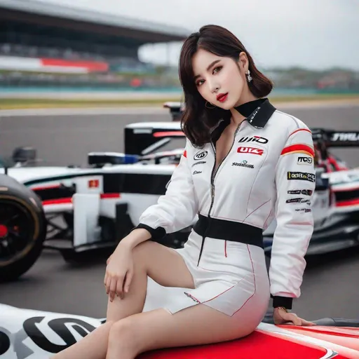 Prompt: eunha,  slim thick, uhd, realistic, 4k, 8k,  photoshoot, dressed in f1 attire