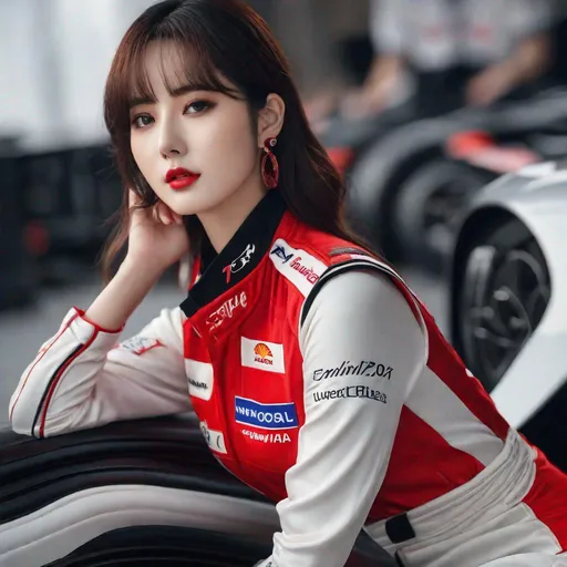 Prompt: eunha,  slim thick, uhd, realistic, 4k, 8k,  photoshoot, dressed in f1 attire