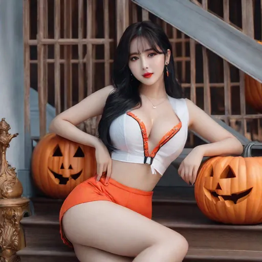 Prompt: eunha,  slim thick, thighs, uhd, realistic, 4k, 8k,  photoshoot, sensual, big chest, halloween outfit