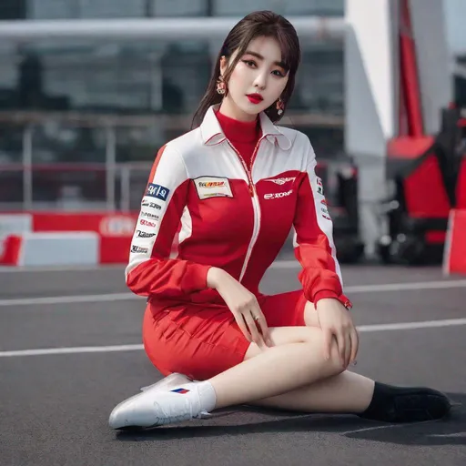 Prompt: eunha,  slim thick, thighs, uhd, realistic, 4k, 8k,  photoshoot, dressed in f1 attire